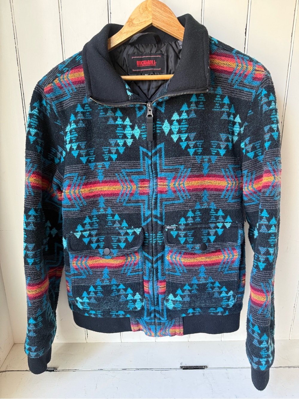 Rock & Roll Denim Aztec Bomber Jacket Southwest Turquoise Geometric XS